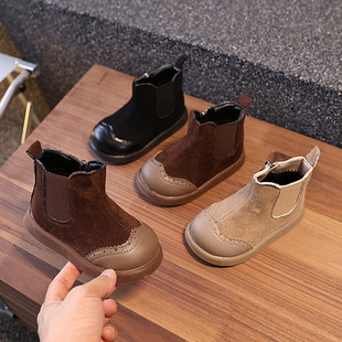 2024 Winter Girls' Second Cotton Short Boots Fashion Boys' Fashion Boots Children's Suede Spliced Side Zipper Leather Boots