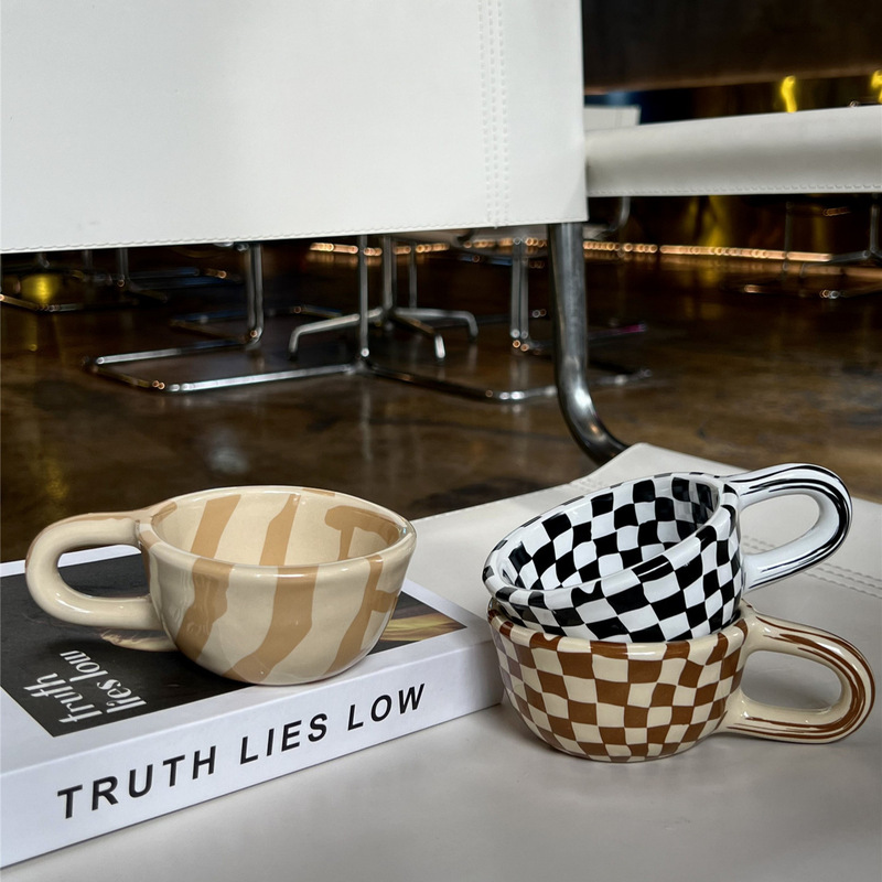 Non-Porcelain Niche Ceramic Breakfast Latte Cup Small Personality Korean-style Ins Checkerboard Afternoon Tea Mug Water Cup