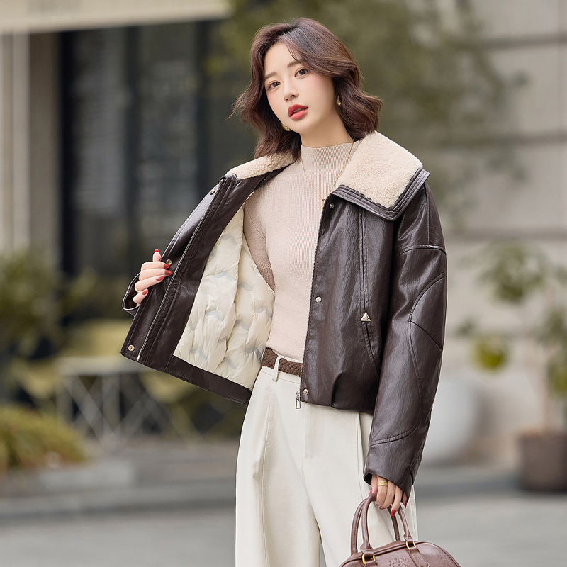Lamb Wool Large Lapel down Lining Leather Jacket for Women 2025 Autumn and Winter New White Duck down Jacket E995
