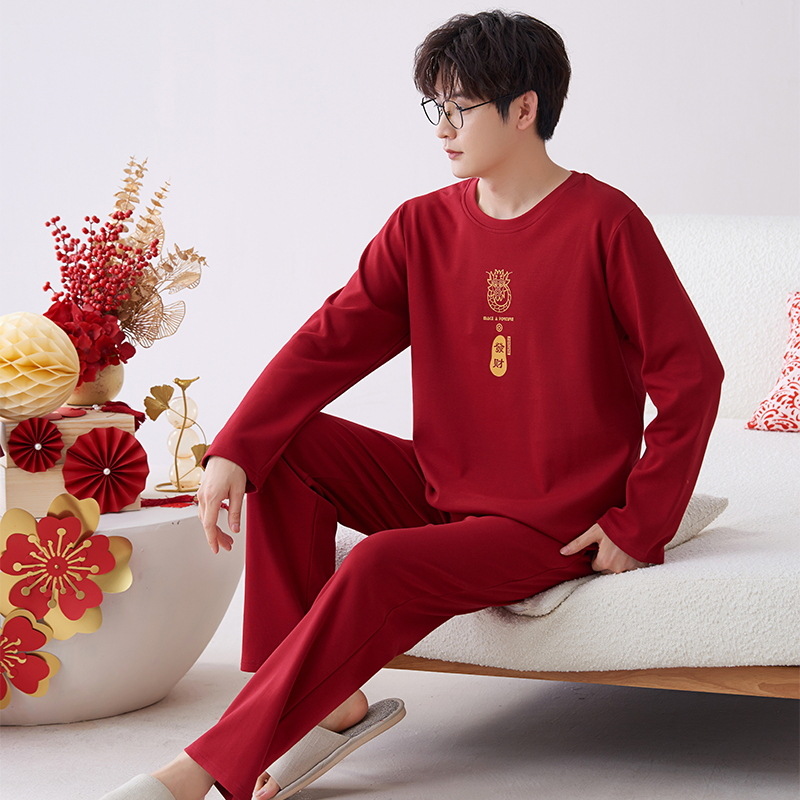 Venta al por mayor de primavera y otoño pijamas de algodón puro de los hombres de la boda jersey rojo más tamaño casual ropa de abrigo ropa de casa de dos piezas conjunto