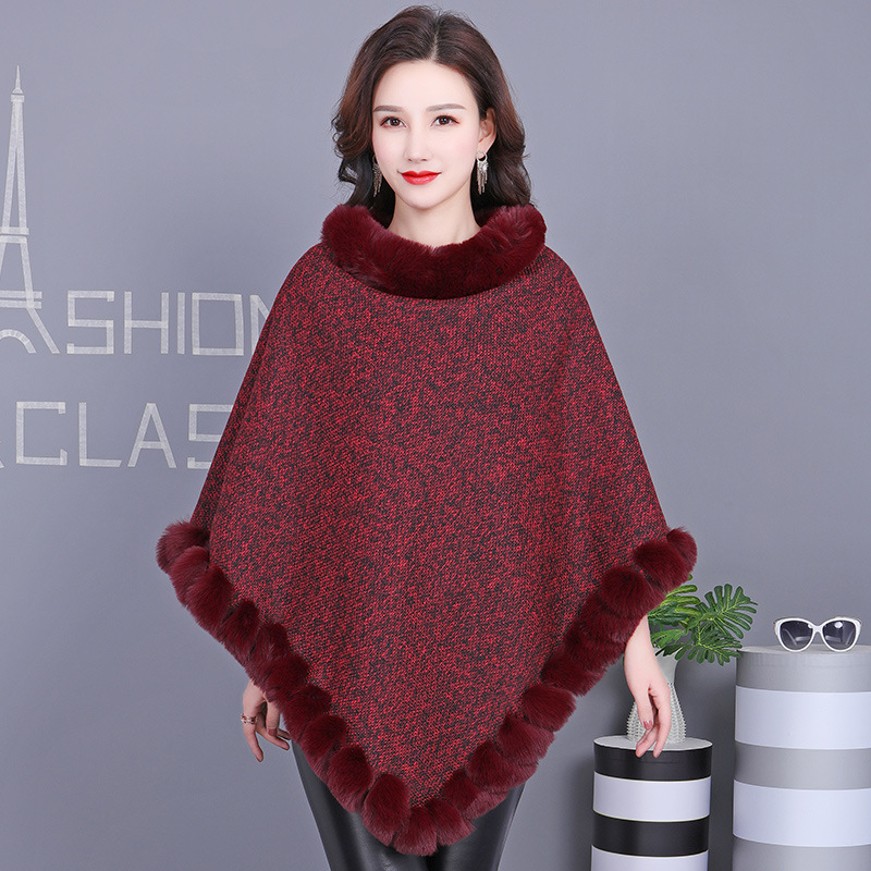 H·Sun European and American Street Style Warp-Knitted Polyester Fiber Pullover Cape Shawl with Faux Rabbit Fur Collar