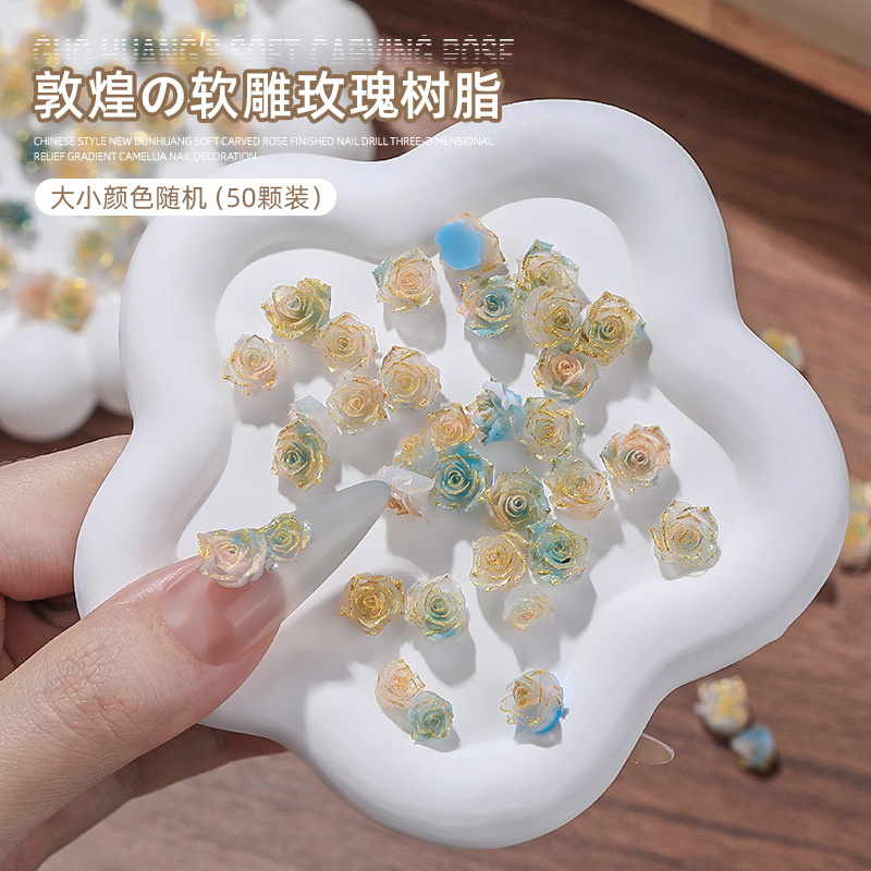 Tide nuevo estilo nacional Dunhuang rosa suave tallada productos acabados de uñas rosas rosas graduadas camellia decoración de uñas