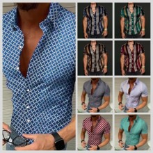 2023新款跨境商务3d印花条形休闲男士度假沙滩夏威夷短袖衬衫