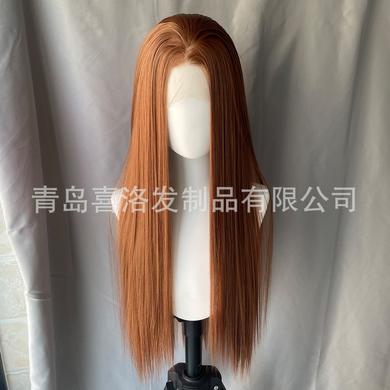 Foreign Trade Export Brownish Long Straight Hair 13X4 Front Lace Wig Hand Hooked Headgear with Random Seams # 30 Camel Color Cos Foreign Trade Export Brownish Long Straight Hair 13X4 Front Lace Wig Hand Hooked Headgear with Random Seams # 30 Camel Color Cos