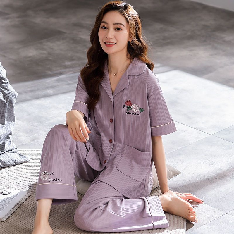 100% pijamas de algodón de las mujeres de verano de mediana edad y ancianos pantalones de manga corta de las mujeres de talla grande verano ancianos ropa de casa traje