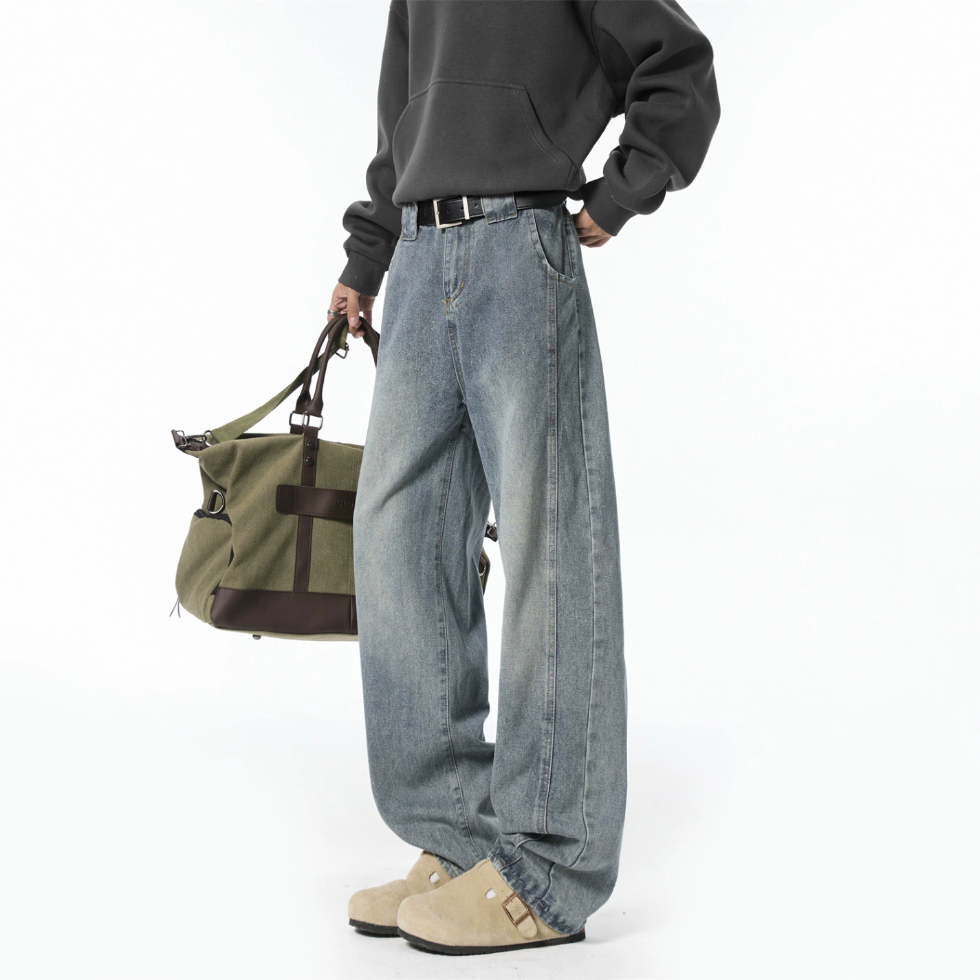 美式高街阔腿牛仔裤男秋季宽松直筒休闲长裤拖地裤子男生水洗复古