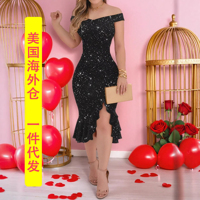 European and American Style Dress with Starry Sequins, Off-Shoulder, Slit, Mermaid Tail, Slim Fit, Accentuates Curves, Evening Gown, Overseas Warehouse
