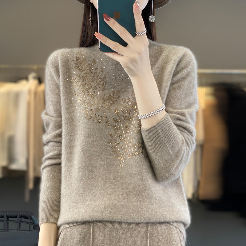 Rhinestone Half-turtleneck Elegant Sweater Women's Vertical Collar Base Shirt Women's European Heavy Industry Knitted Sweater with Diamond for Women