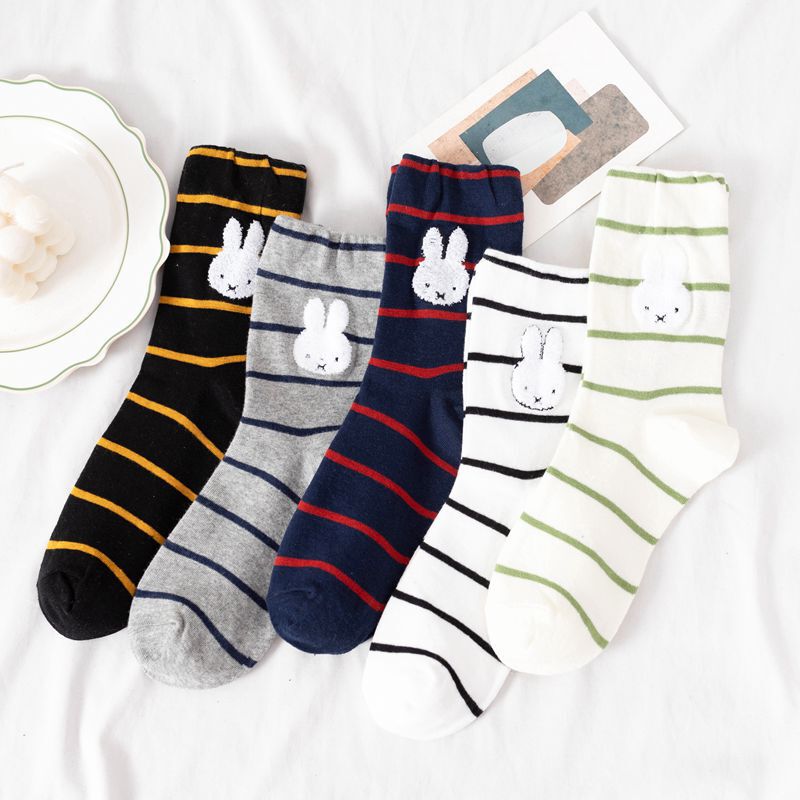 Striped Rabbit Mid-Calf Women's Socks, Cute Cartoon Socks for Women, Korean Fashion Trendy Socks, Year of the Rabbit Socks, Plush Rabbit