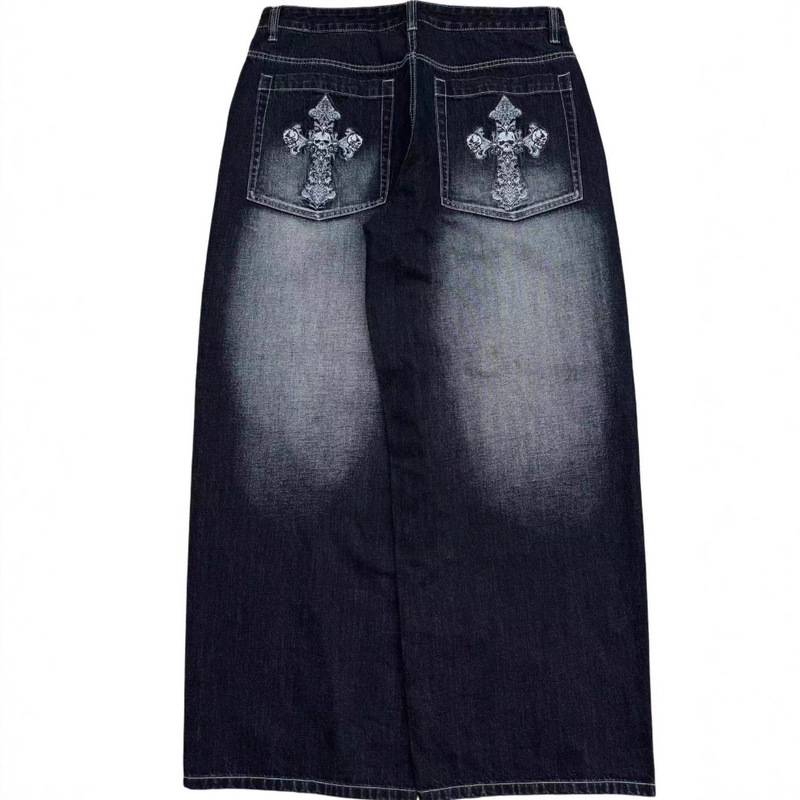 European and American Retro Washed Distressed Jeans Men's Y2K Street Fashion Flap Pocket Pants Cross-Stitch Wide-Leg Pants Punk Trendy