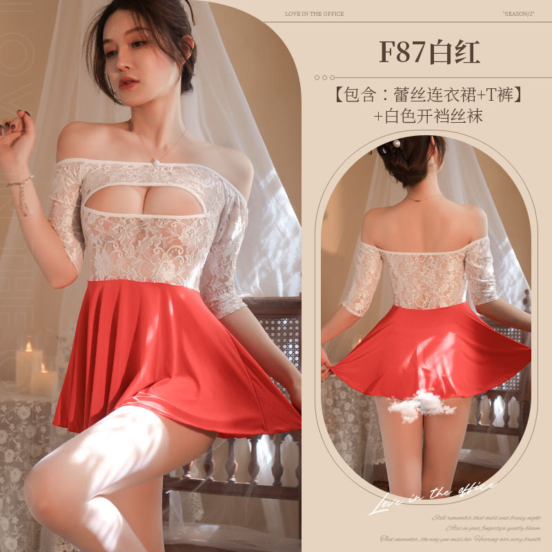 흰색과 빨간색 레이스 드레스 + T 바지 + 흰색 가랑이 없는 양말