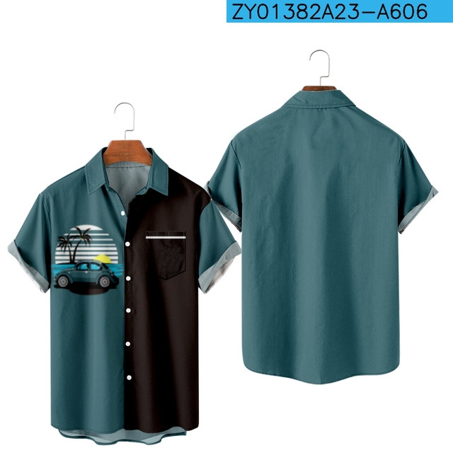 Camisa estampada digital 3D para hombres nuevos transfronterizos Camisa hawaiana de solapa de manga corta simple casual