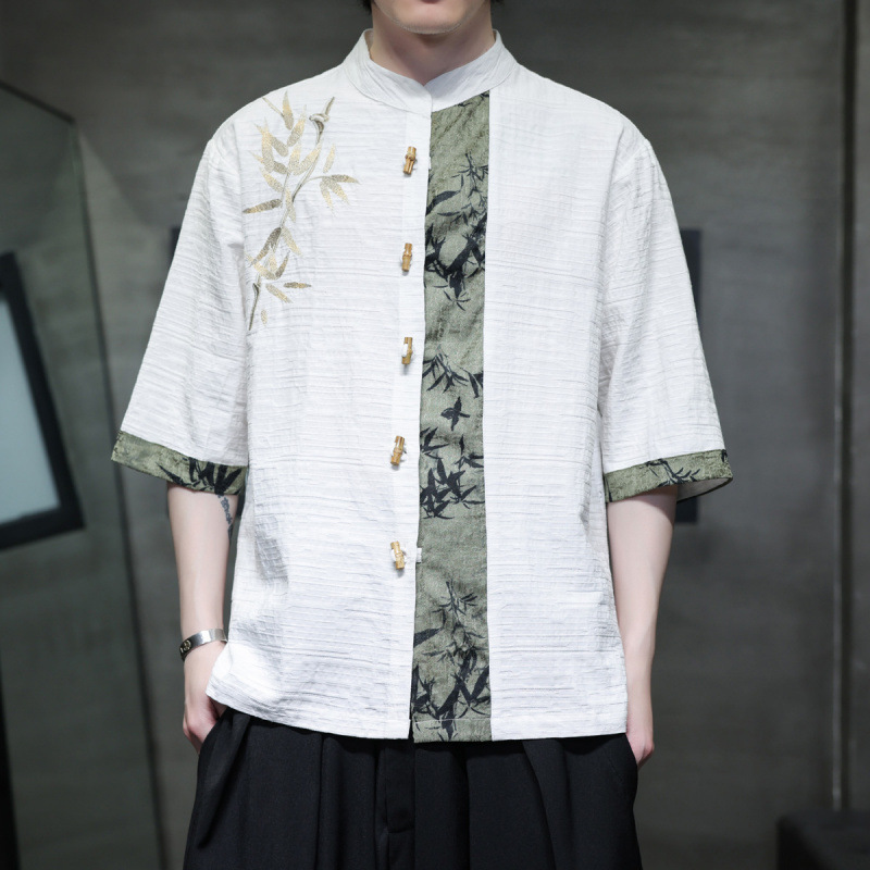 Improved Han Dynasty Men's Chinese Style Summer Thin Cotton and Linen Short-Sleeved Shirt New Chinoiserie Tang Suit Large Size Embroidered Shirt Trendy Improved Han Dynasty Men's Chinese Style Summer Thin Cotton and Linen Short-Sleeved Shirt New Chinoiserie Tang Suit Large Size Embroidered Shirt Trendy