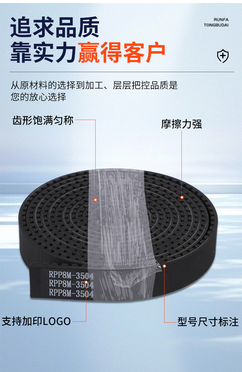 Black RPP8M open rubber timing belt with glass core, elevator machine belt, rubber conveyor belt