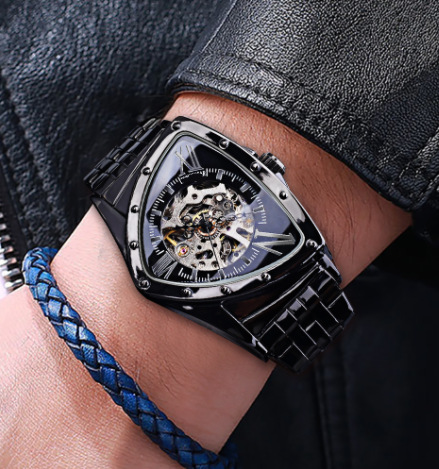 Forsining reloj mecánico automático estilo europeo y americano triángulo cabeza hombres moda casual hueco muñeca reloj transparente