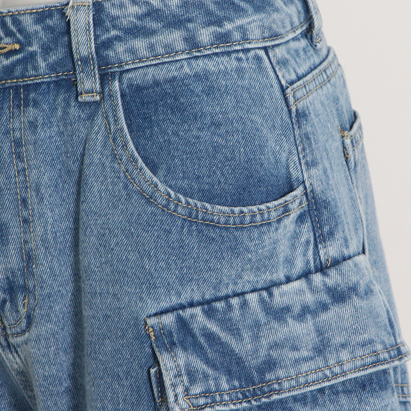 Damenbekleidung Frühling und Herbst Neue Mode Rauchgrau Spleißen Multi Pocket Overalls Street Washed Distressed Lange Hose mit weitem Bein_voghion.com