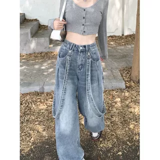 大码设计感水洗背带牛仔阔腿裤女秋季复古高腰宽松显瘦拖地长裤子