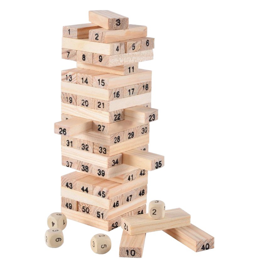 54枚の木製のおもちゃの数字は積み重ねられています。