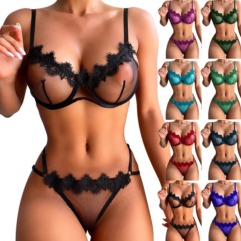 European and American ebay sexy lingerie sexy women's mesh transparent lace three-point pajamas two-piece set one-piece delivery European and American ebay sexy lingerie sexy women's mesh transparent lace three-point pajamas two-piece set one-piece delivery