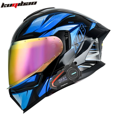 3C Certified Full-Face Helmet, Motosiklet kaskı (dəbilqə) - bright-black-with-k20-bluetooth-red-plating-m