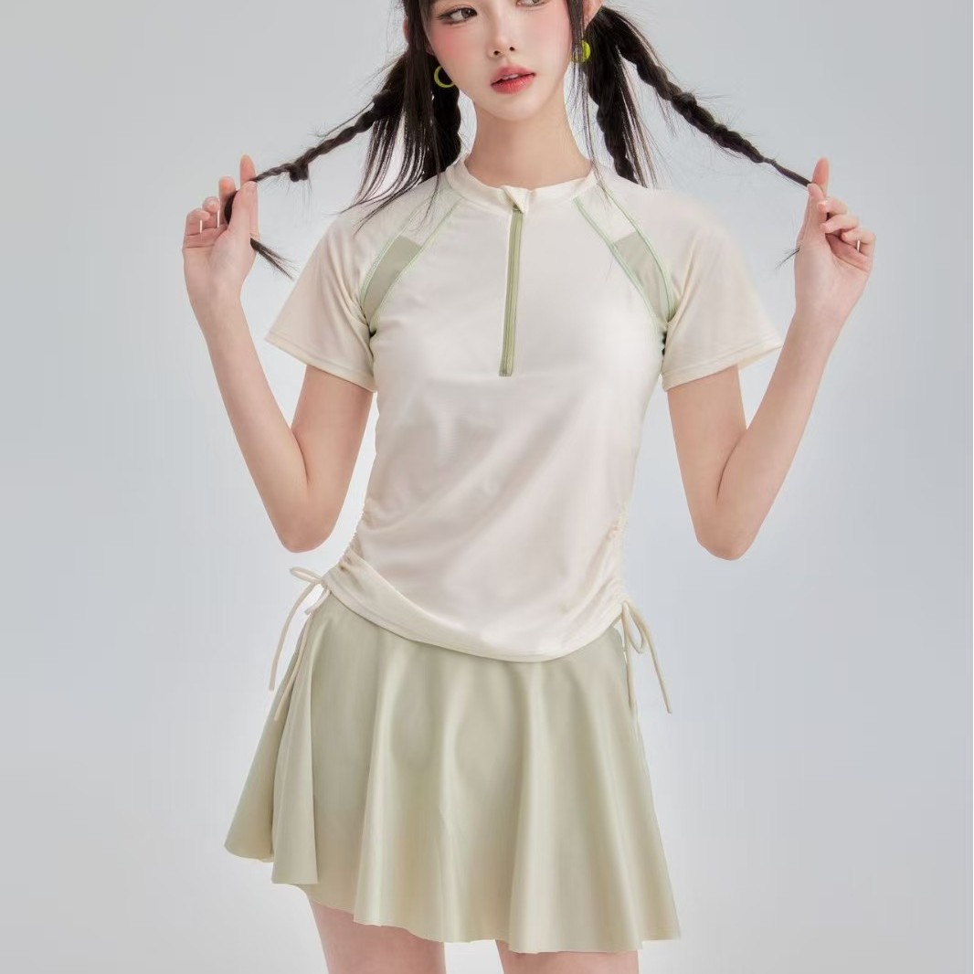 2025 New Women's One-Piece Skirt-Style Conservative Swimsuit Sports Boxer Briefs to Cover the Belly and Slimming Look Pure Color Women's Hot Spring Swimsuit