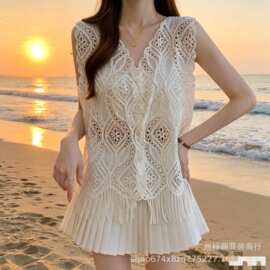 实拍～夏季新款法式钩花镂空流苏无袖背心马甲女叠穿V领蕾丝上衣