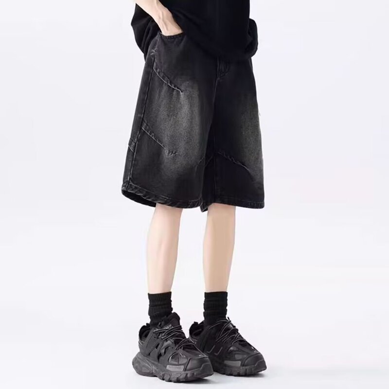 Hong Kong Style Washed Denim Shorts Men's American Style Retro Trendy Casual Pants High Street Loose Trendy Brand Straight Pants