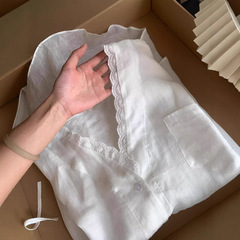 推荐!高品质法式花边V领苎麻防晒衬衫女夏慵懒风宽松长袖防晒外搭