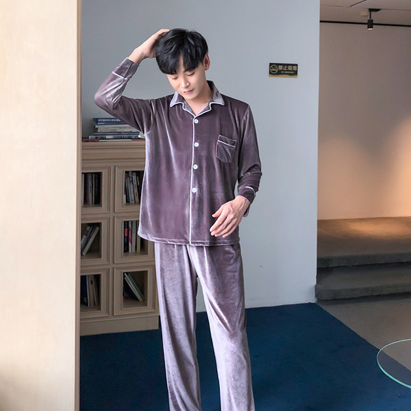 Coreano terciopelo pareja pijamas de las mujeres Otoño e Invierno de manga larga cardigan oro terciopelo cardigan simple ropa de hogar traje de los hombres más el tamaño