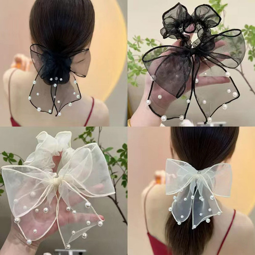 Netting Pearl Bead Bow Hair Cord Simple and Elegant Ponytail Headband with Fringe Hair Circle High-end Head Accessory 