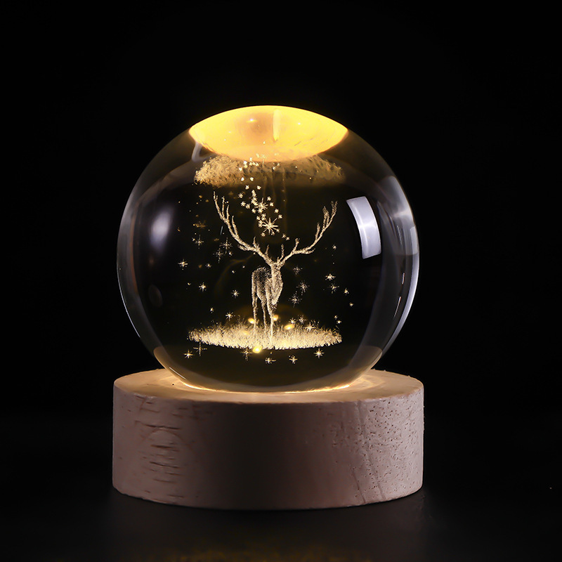 Bola de cristal luminosa, luz nocturna, cielo estrellado tallado en 3D, base de madera maciza, decoración de escritorio creativa, regalo de cumpleaños