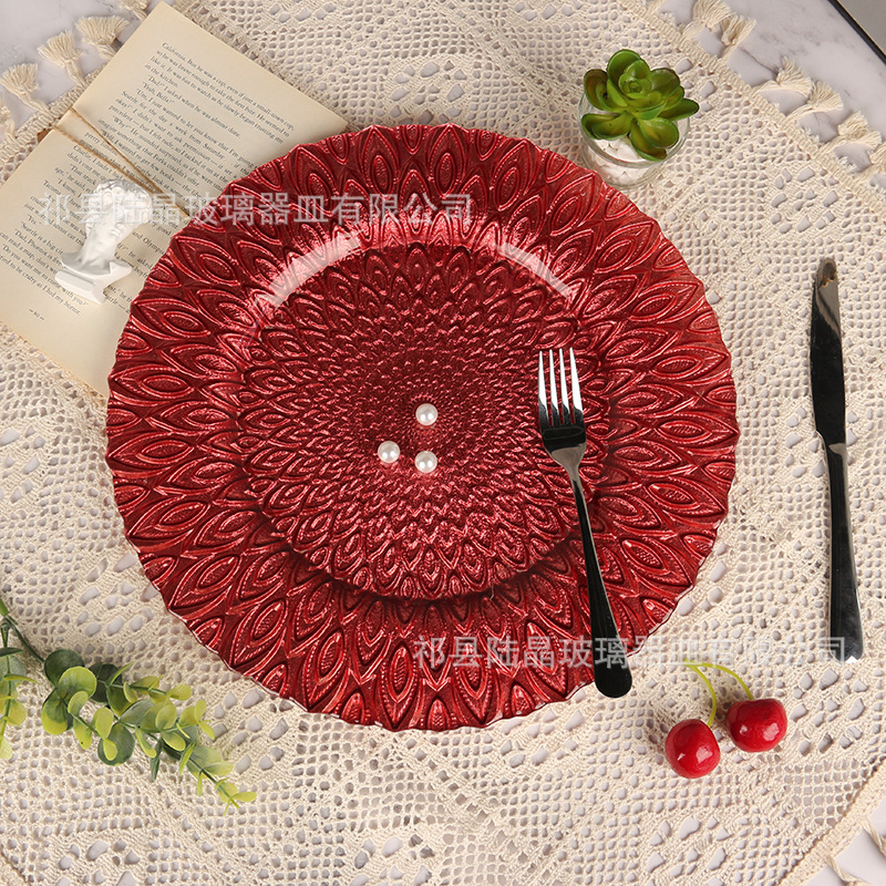 Patrón de pavo real de estilo europeo comida occidental gran placa plana Placa de filete de vidrio placa redonda Placa de banquete placa superficial al por mayor