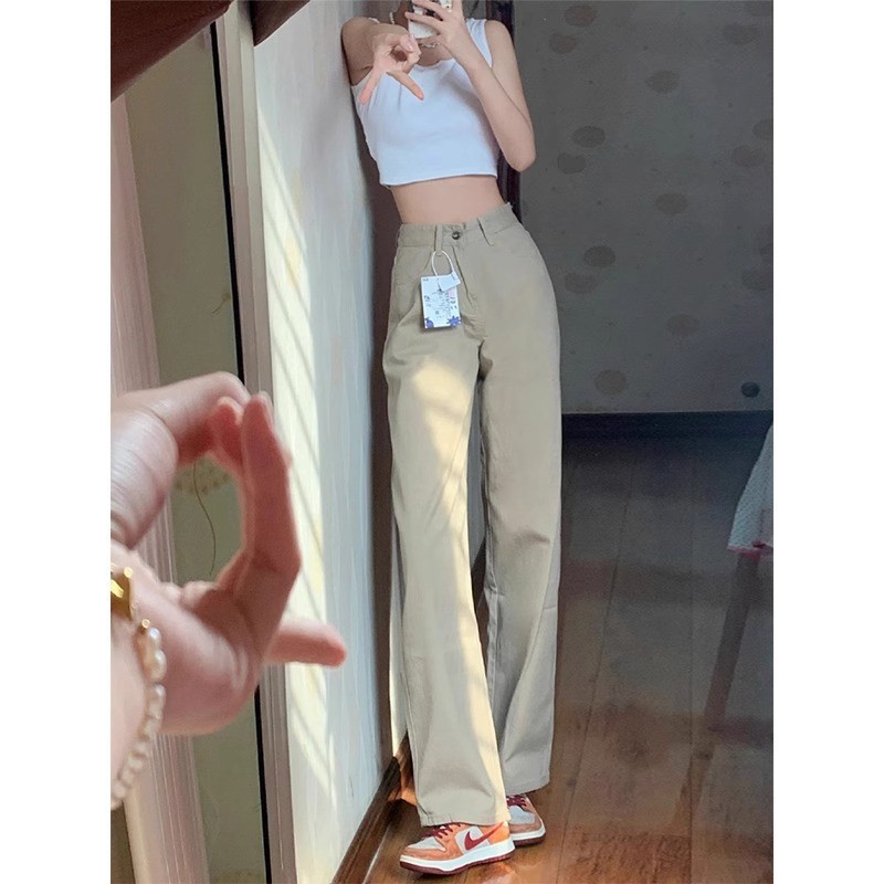 卡其色高腰直筒牛仔裤女潮流百搭美式遮肉显瘦宽松简约阔腿长裤子|undefined