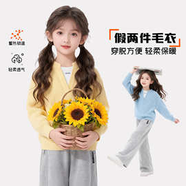 儿童毛衣2026秋冬新款女宝抗起球V领毛衣针织衫假两件女童毛衣