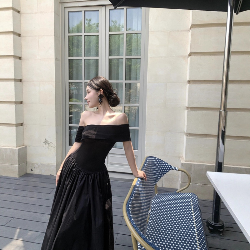 Black One-Shoulder Dress for Women 2025 New High-End Korean Style Gentle Elegant Waist-Cinching Slanted Shoulder Ribbon Long Skirt