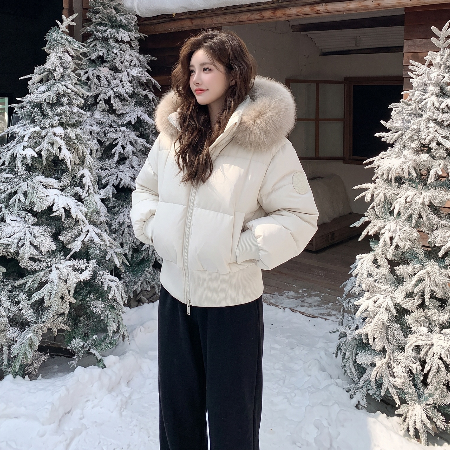 대외무역 신상 기모 두꺼운 면복 여성 후드 초대형 모직 패션 허리를 걷어
