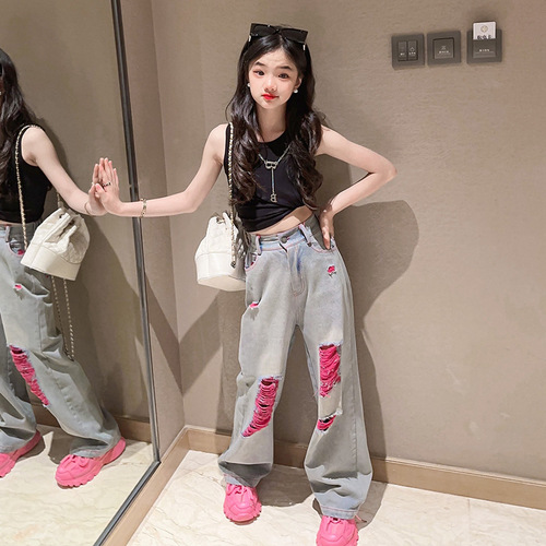 Girls 2024 Summer New Pink Ripped Jeans Autumn Loose Straight American Wide Leg Pants Trendy Children's Pants