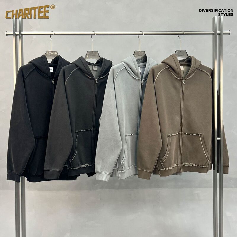 Charity | American-Style Cross-Border Distressed Washed Frayed Hoodie Casual Zip-Up Sweatshirt for Men