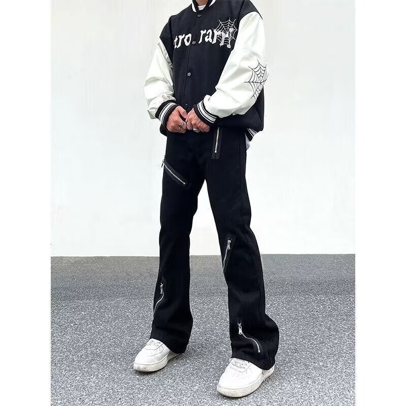 2024 autumn and winter trendy men's American high street black elastic breasted split slim fit heavy craft washed jeans men