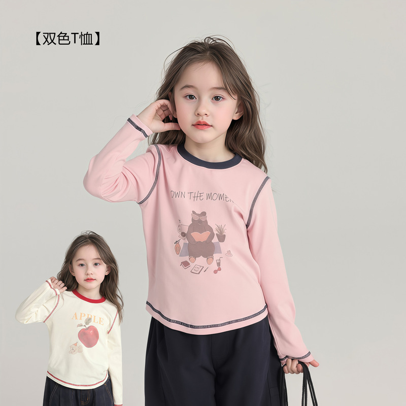 Girls' Autumn Round Neck Cartoon Tops, Kidsren's Lycra Cotton Printed Long-Sleeved T-Shirts, Baby Casual Bottoming Sweatshirts