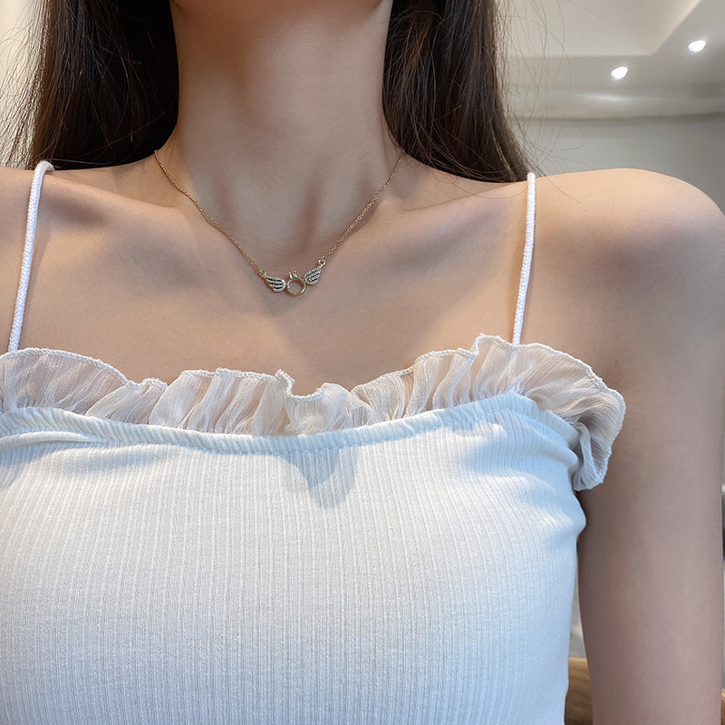 Zircon Little Wing Circle Pendant Necklace Female Titanium Steel Design Sense Clavicle Necklace Ins 