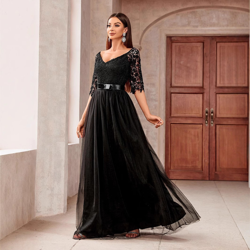 Cross-Border New Long Skirt Spliced With Large Hem European and American V-Neck Evening Dress 2025 Lace Off-Shoulder Princess Dress Cross-Border New Long Skirt Spliced With Large Hem European and American V-Neck Evening Dress 2025 Lace Off-Shoulder Princess Dress