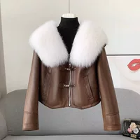 Haining Full True Fox меховый воротник модная кожаная куртка женский зимний новый темперамент короткий внешний теплый пуховик