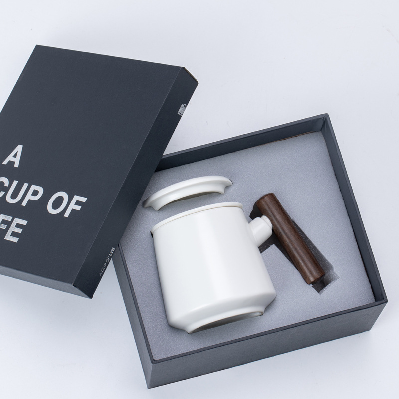 Taza de cerámica con mango de madera con cubierta de té, taza de té de flores, taza de agua, caja de regalo, bolsa, conjunto de grabado