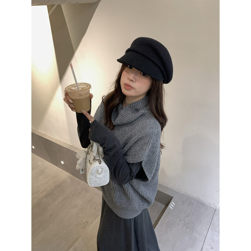 Heygirl Black Brother Layering Master High Neck Pullover Sweater Women's Loose Knitted Sweater Sleeveless Top Waistcoat