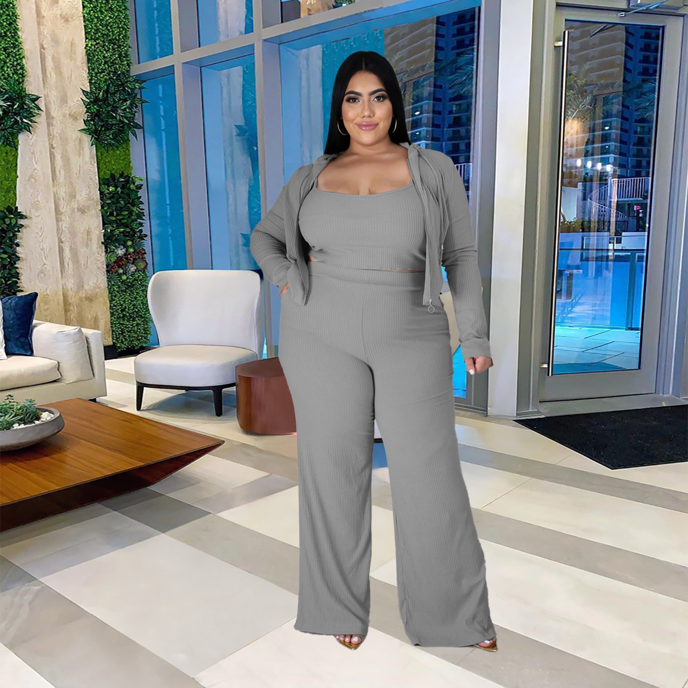 women plus size sweatshirt tube top bell-bottoms three-piece lounge set nihaostyles clothing wholesale NSBMF80103