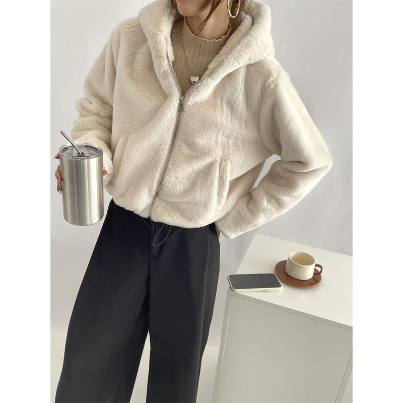 Mengzi Chic autumn and winter New artificial fur effect hooded jacket coat women's zipper warm top X1701