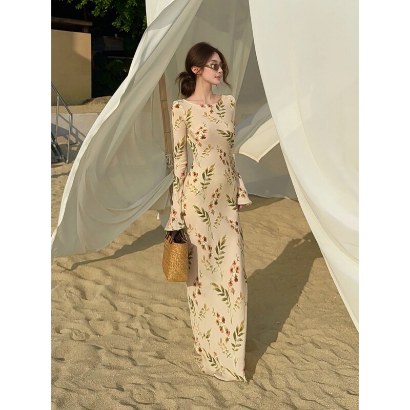 French-style exquisite floral long-sleeve dress for women, summer seaside vacation style, casual and elegant, slim-fit long dress, cross-border French-style exquisite floral long-sleeve dress for women, summer seaside vacation style, casual and elegant, slim-fit long dress, cross-border