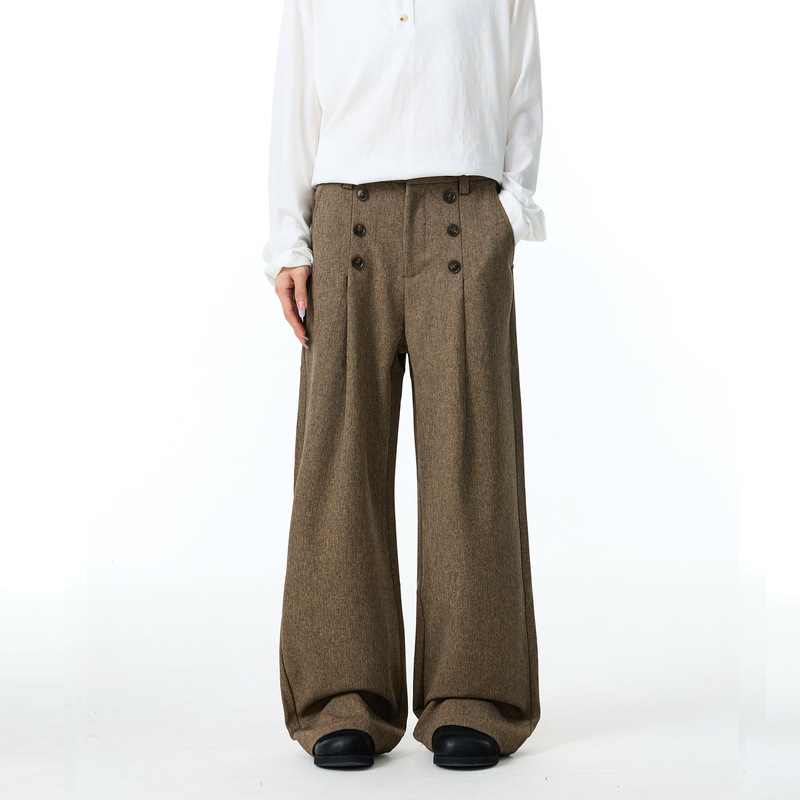 American Retro Button-Decorated Casual Pants for Men and Women, Loose Design Wide-Leg Pants, Autumn Brown Dress Pants