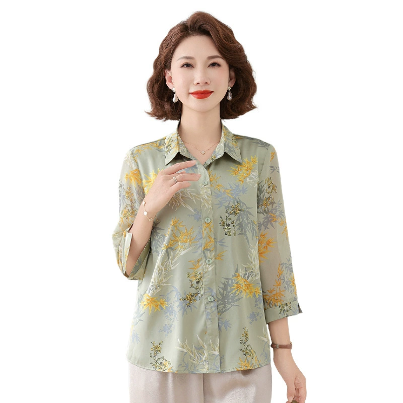 2025 мама летняя мода ледяная шелковая рубашка топ среднего и пожилого женского летнего шифонового национального стиля